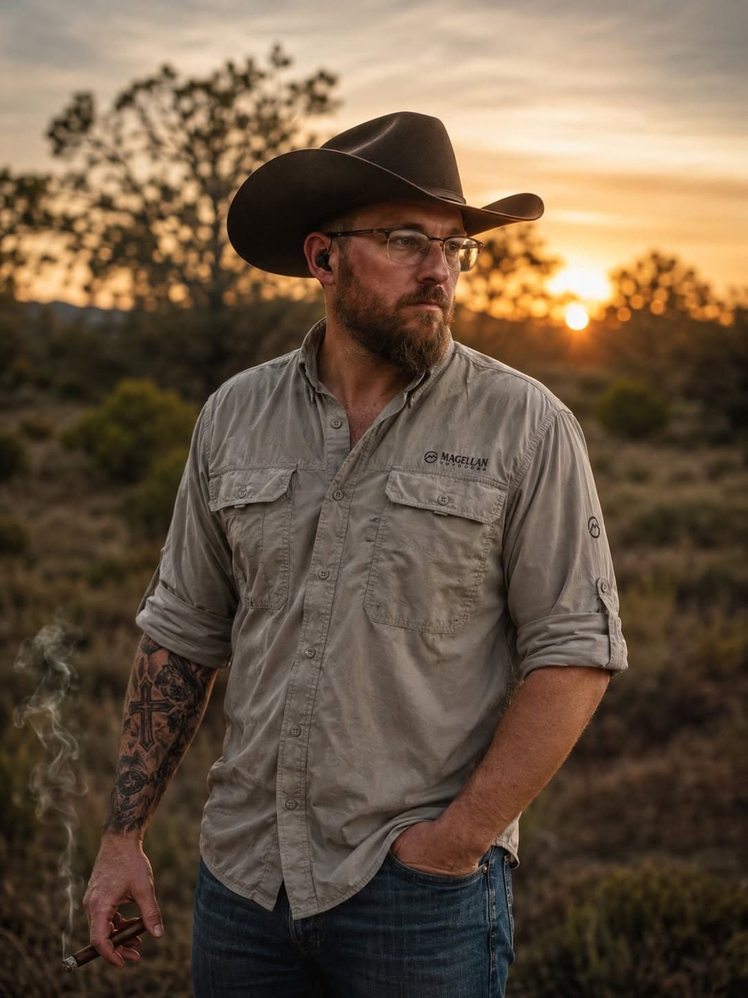 Kiefer Likens standing in Texas scrubland at dusk, wearing a felt hat and a work shirt.