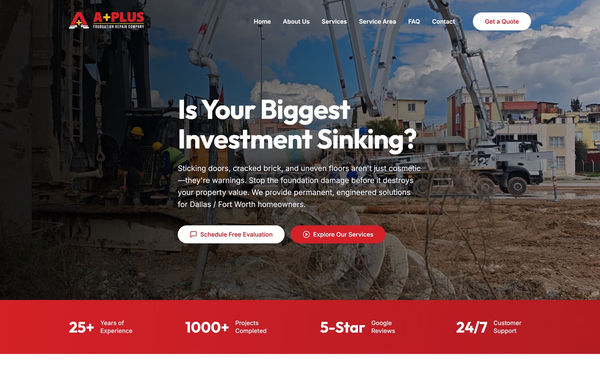 A+ Foundation Repair homepage: black, red, and yellow contractor layout with the headline ‘Is Your Biggest Investment Sinking?’.