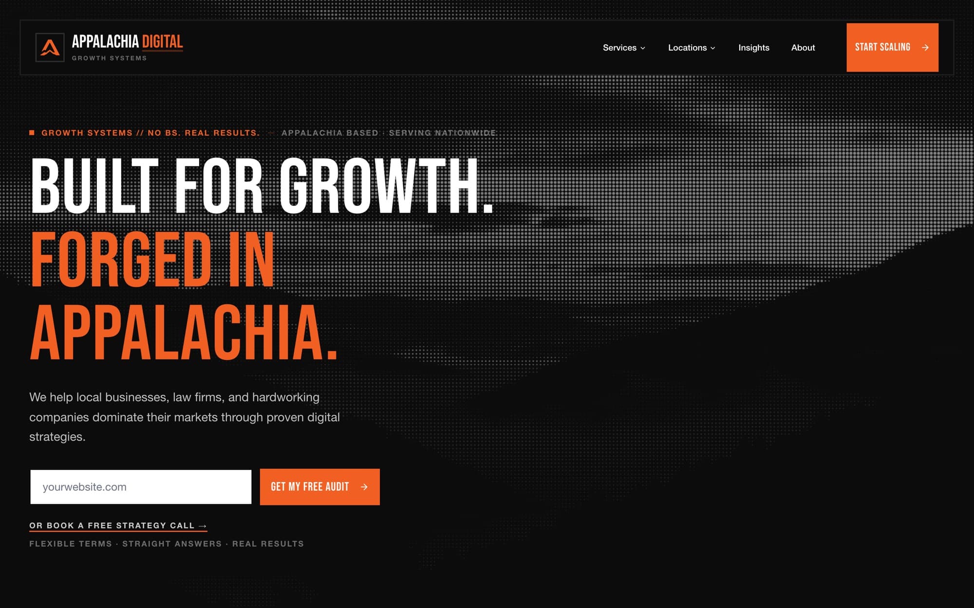 Appalachia Digital website: warm paper, orange accents, and numbered service modules.