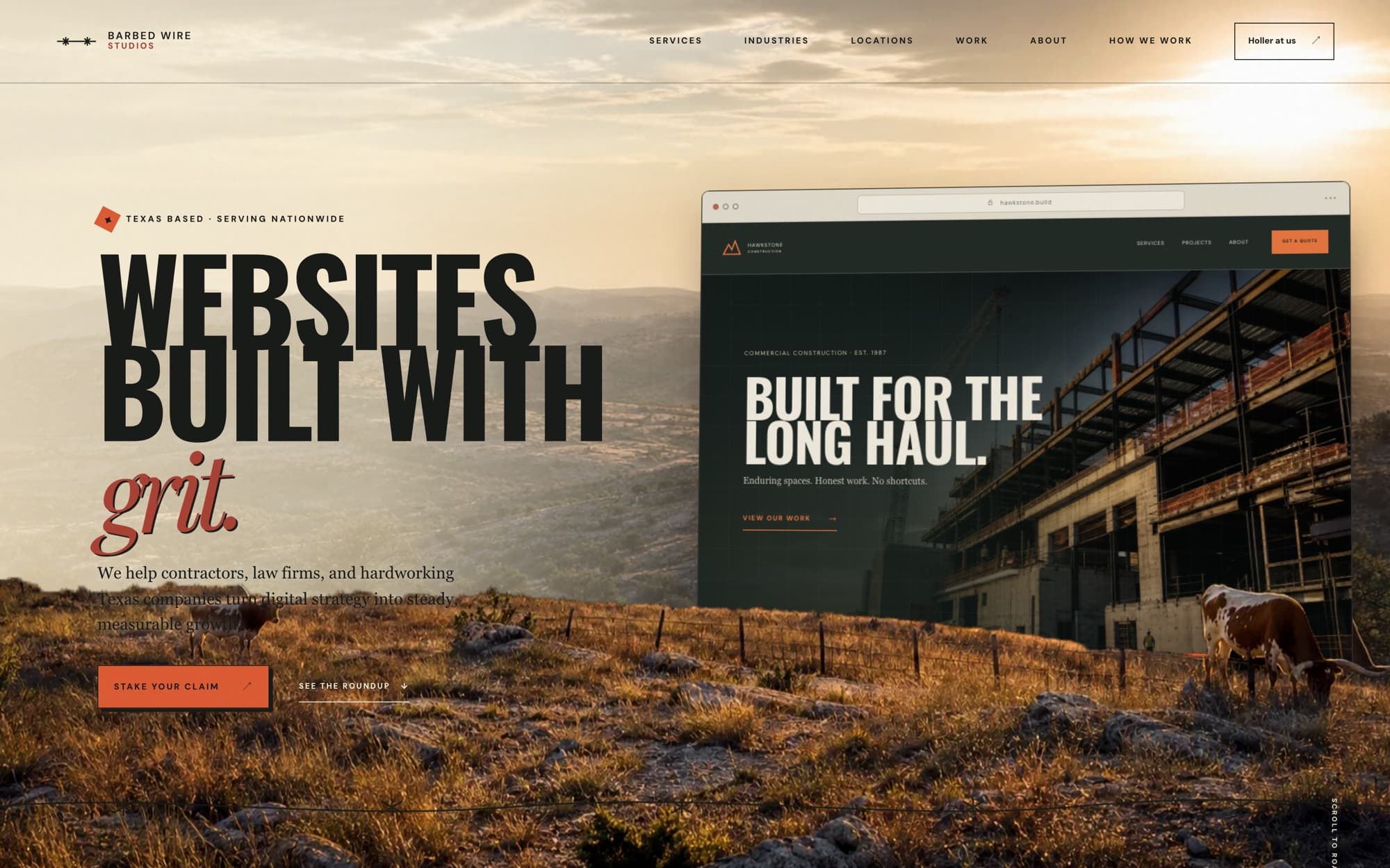 Barbed Wire Studios website in paper, navy, and gold.