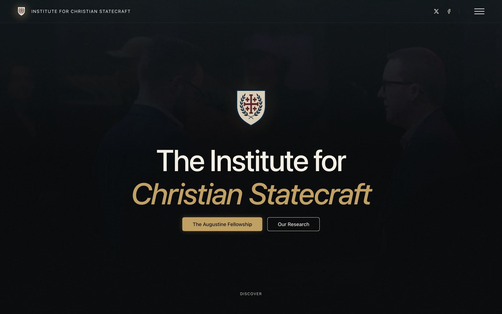 Institute for Christian Statecraft homepage: a dark neoclassical layout with a seal and architectural photography.