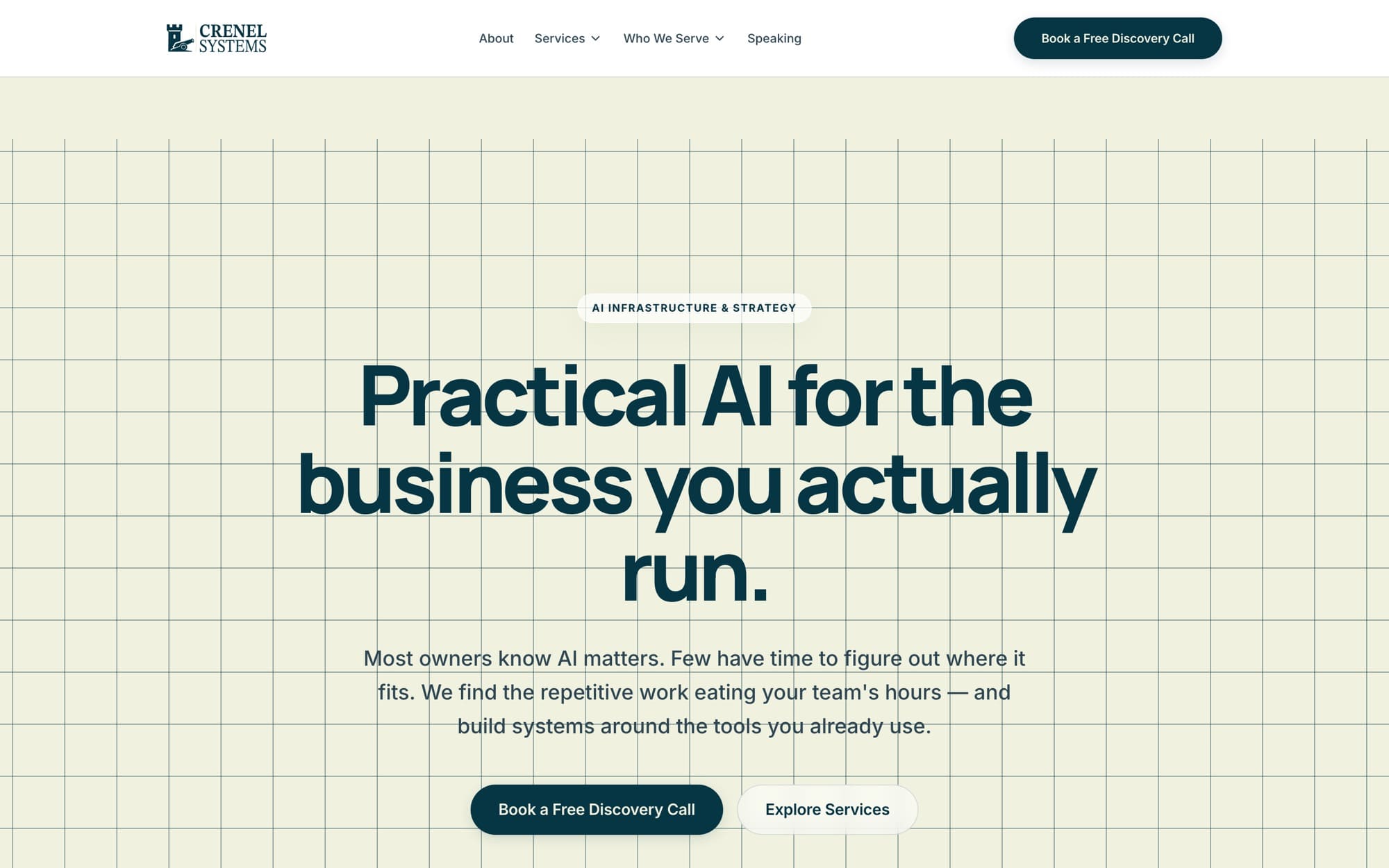 Crenel Systems homepage: dark teal ground with goldenrod accents and the headline ‘Practical AI for the business you actually run’.