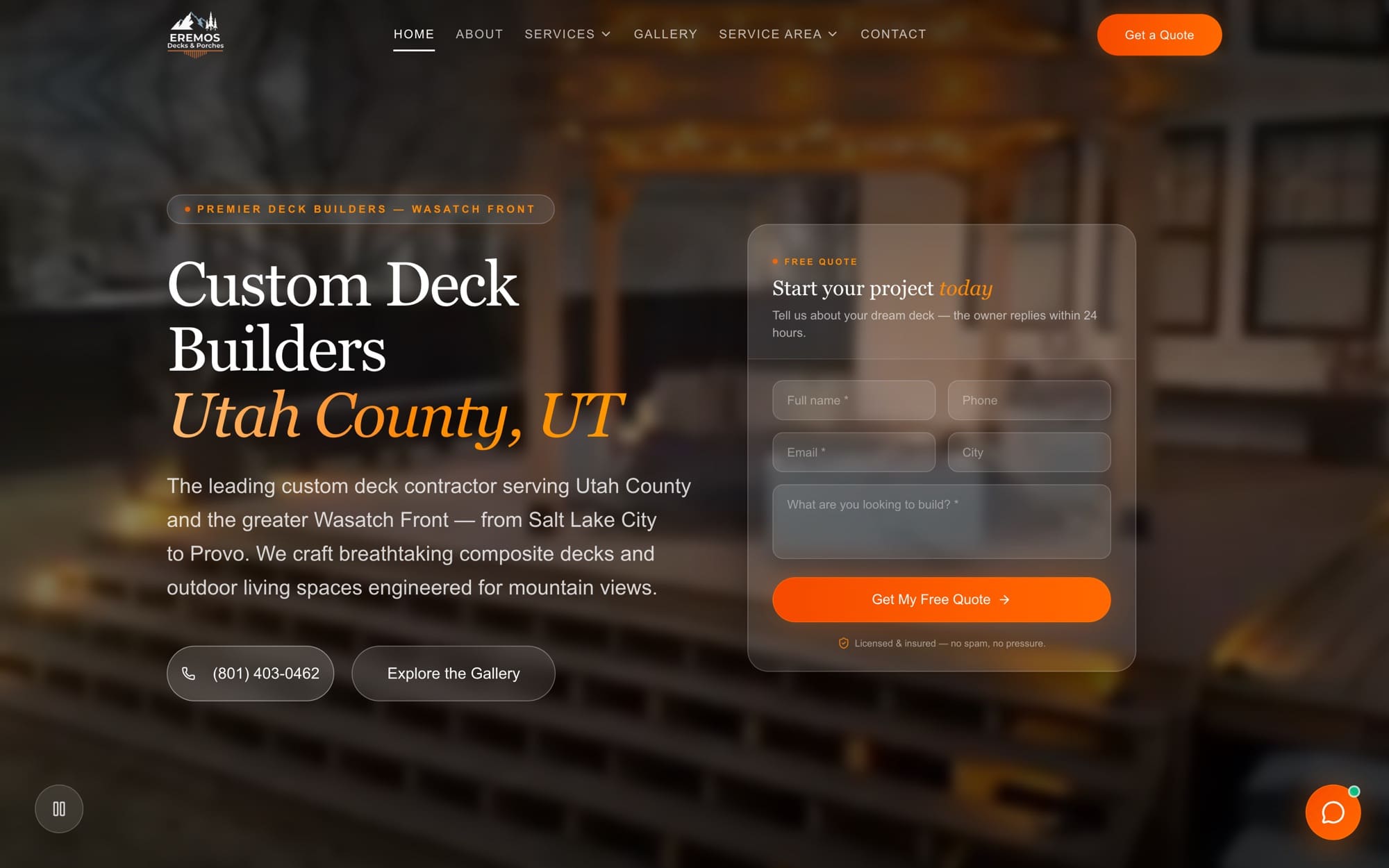 Eremos Decks homepage: a light minimal layout with mountain-horizon photography and the headline ‘Custom Deck Builders Utah County, UT’.