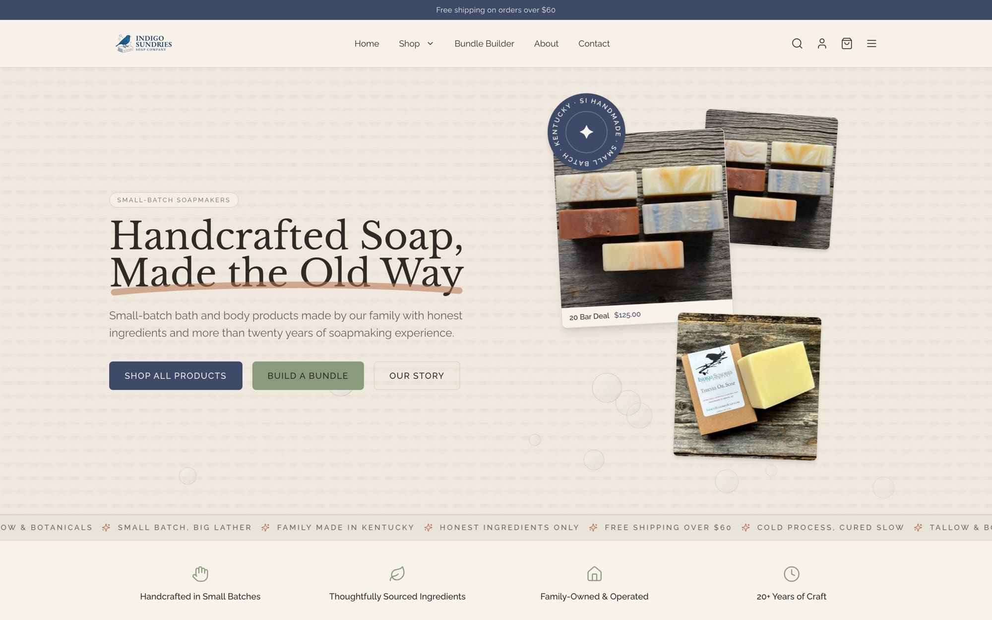 Indigo Sundries homepage: cream and indigo storefront with the headline ‘Handcrafted Soap, Made the Old Way’.