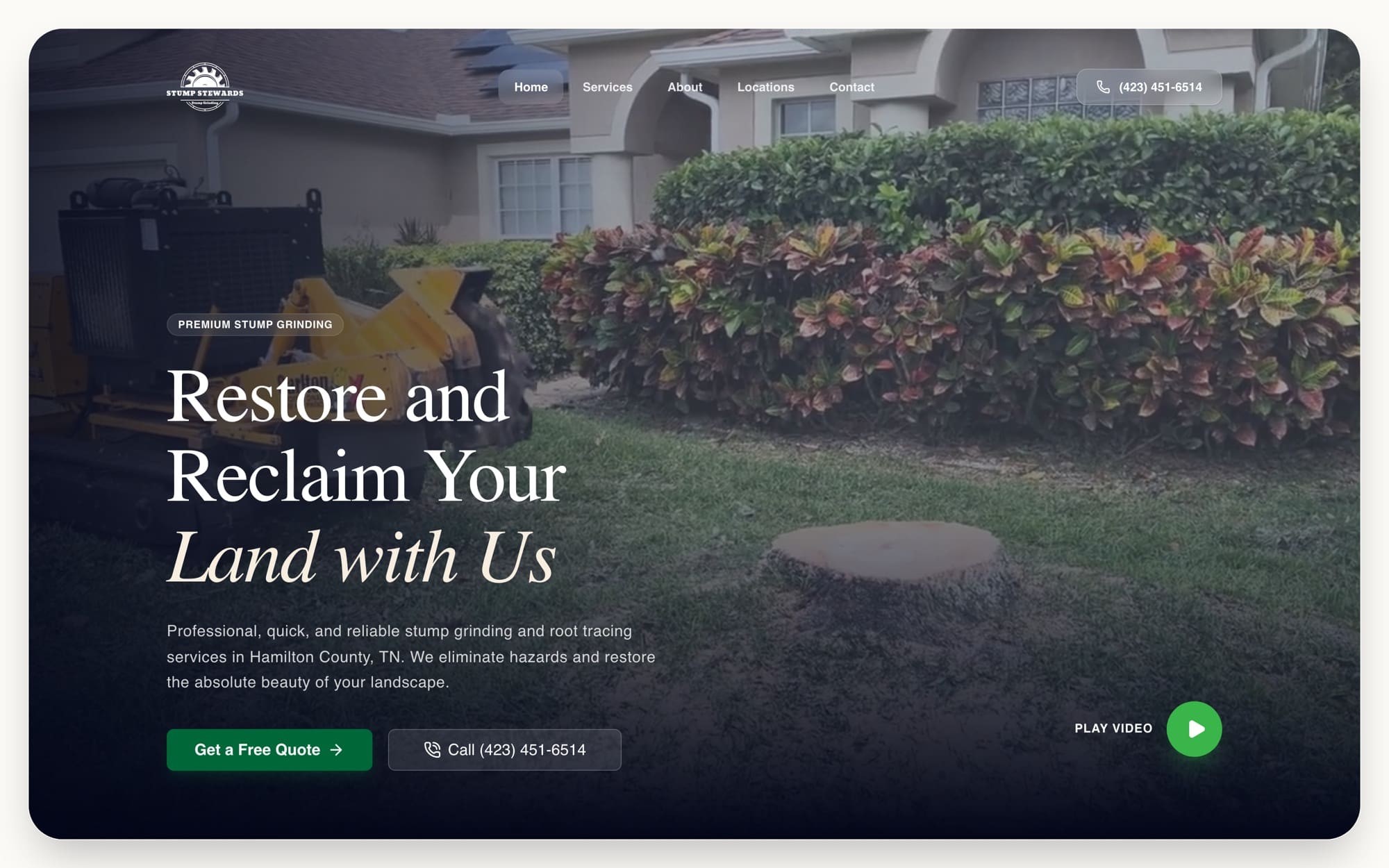 Stump Stewards homepage: green and brown service layout with the headline ‘Restore and Reclaim Your Land with Us’.